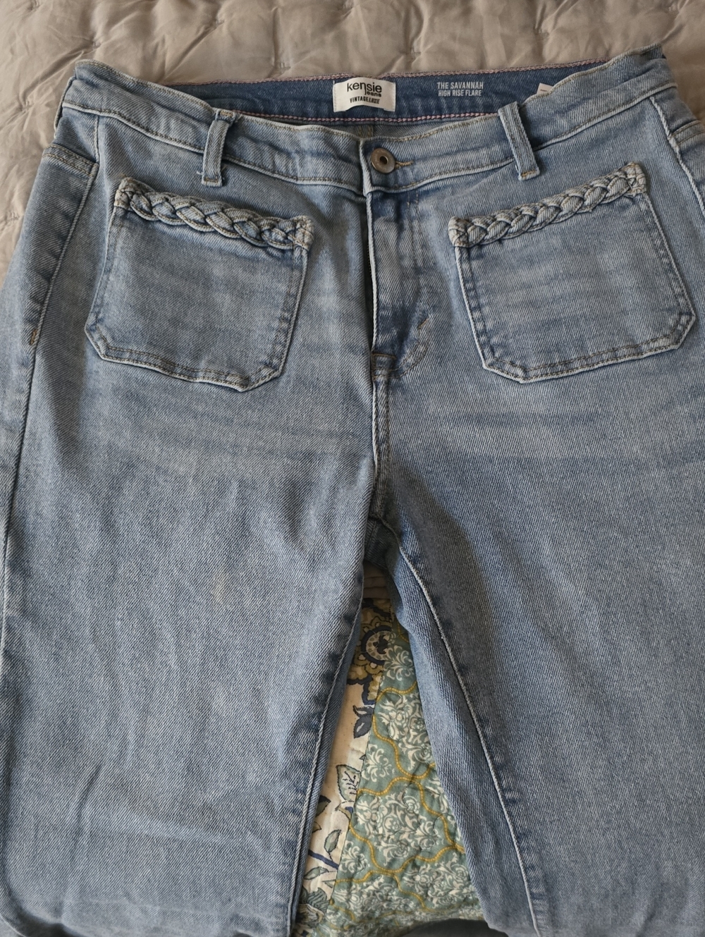 Kensie Light Blue High-Rise Jeans with Braided Pocket Trim